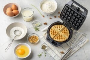 Steps for making waffles from pancake blend with out eggs.