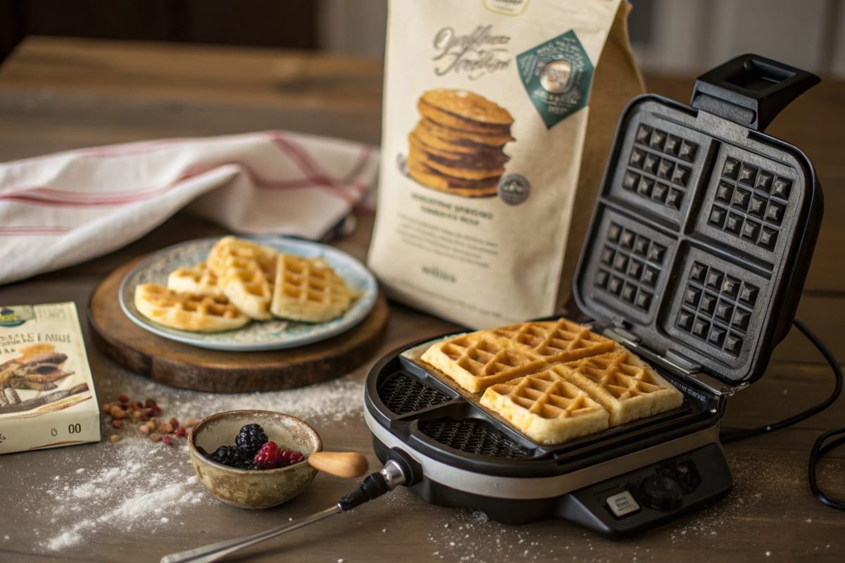 Waffle iron with golden waffles beside a bag of pancake mix.