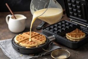 Step-by-step pouring pancake batter into a waffle iron.