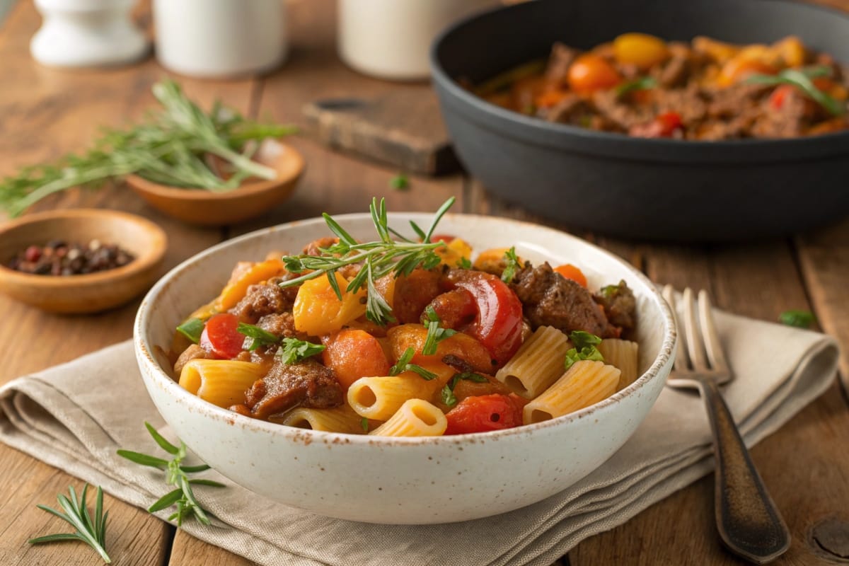 Homemade beefaroni with vegetables and herbs in a rustic bowl.