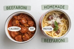 Comparison of canned beefaroni and homemade beefaroni with nutrition labels.