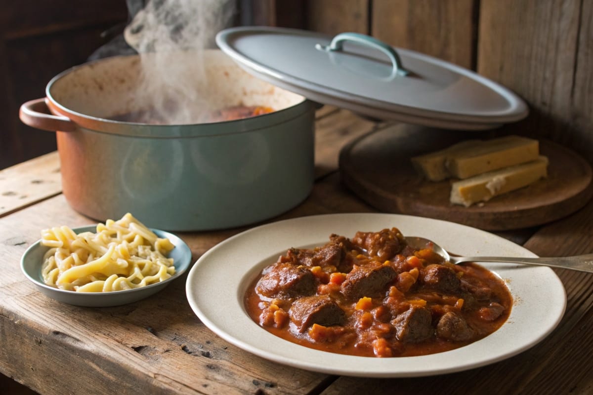 A meal of Hungarian goulash and a boiling pot of beefaroni in a rustic kitchen setting, emphasizing their obvious similarities.