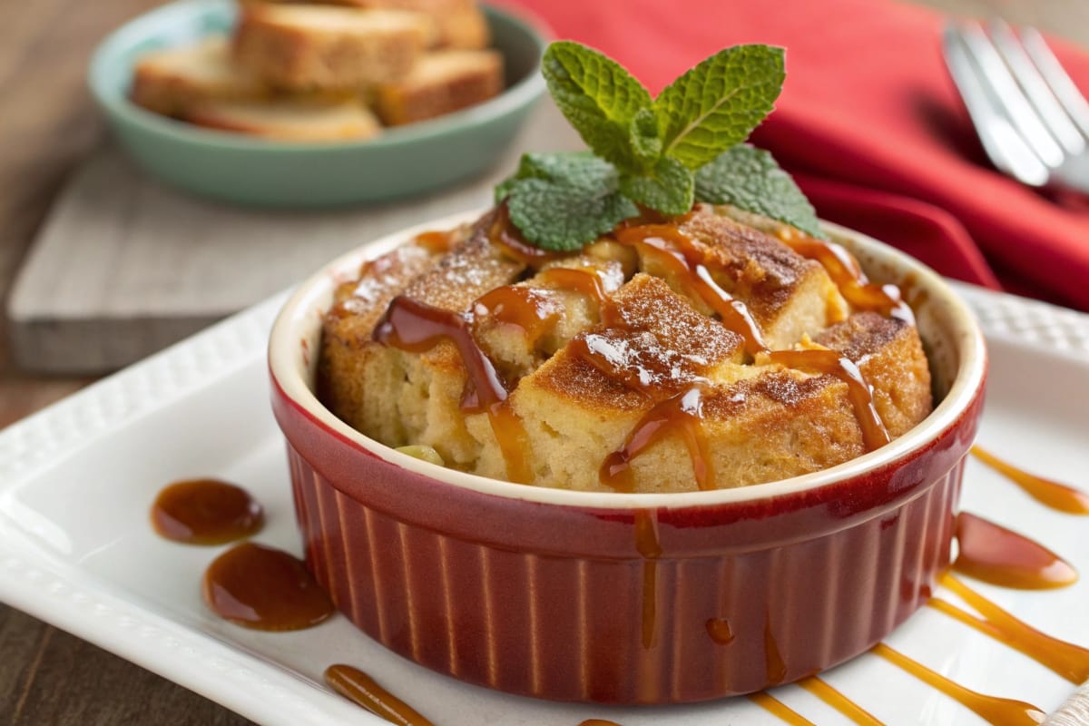 Bread pudding in a ceramic dish topped with caramel sauce and a mint sprig.