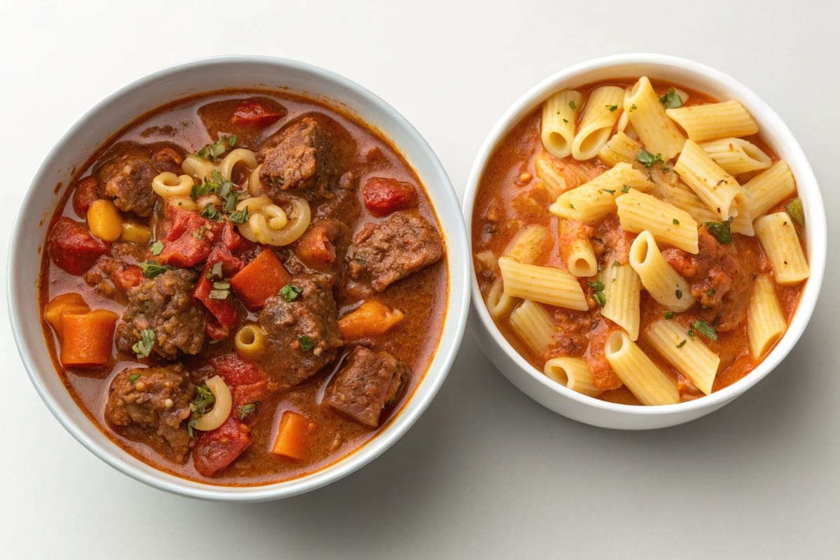 Side-by-side comparison of goulash and beefaroni, concentrating on their difference in appearance.