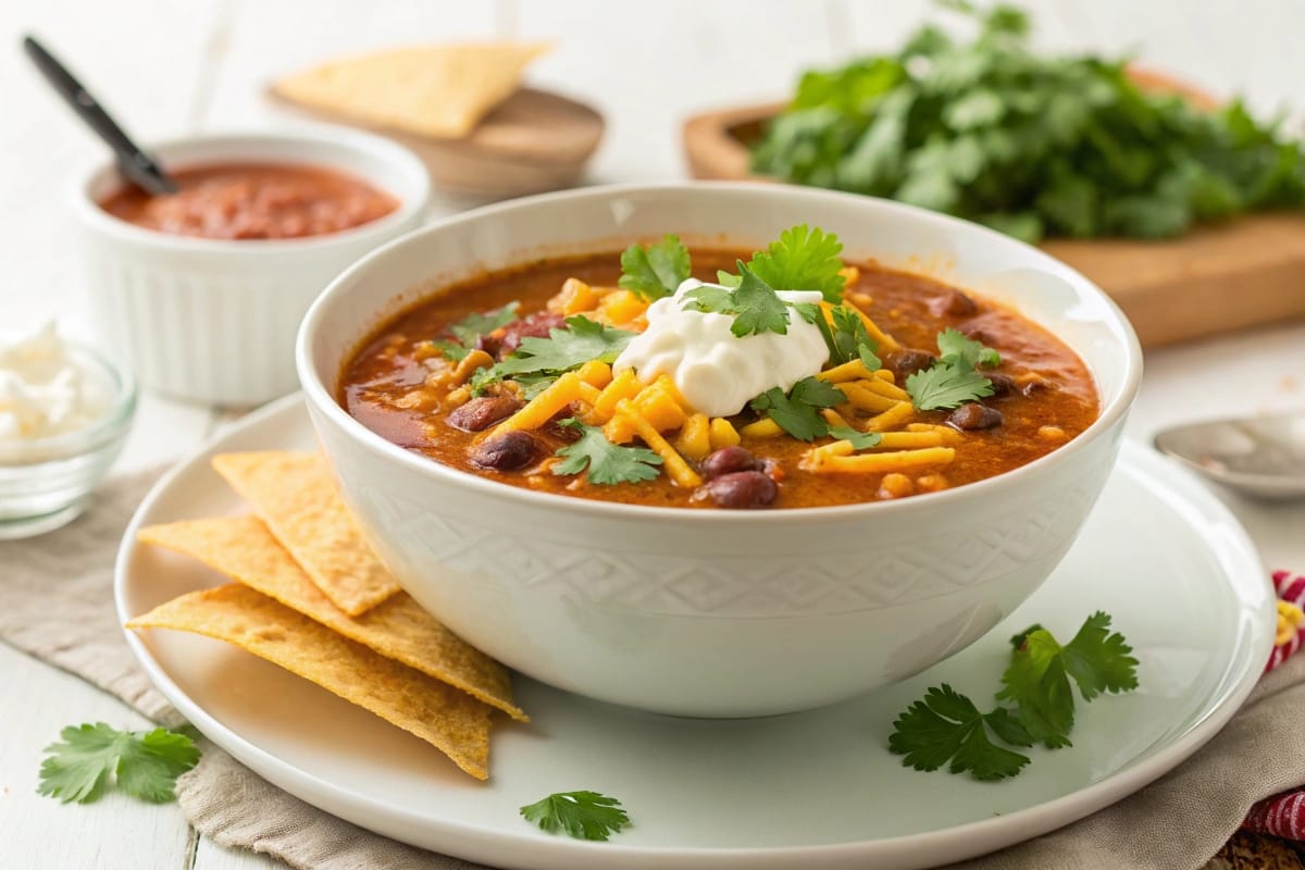 Bowl of taco soup garnished with sour cream, shredded cheese, and cilantro.