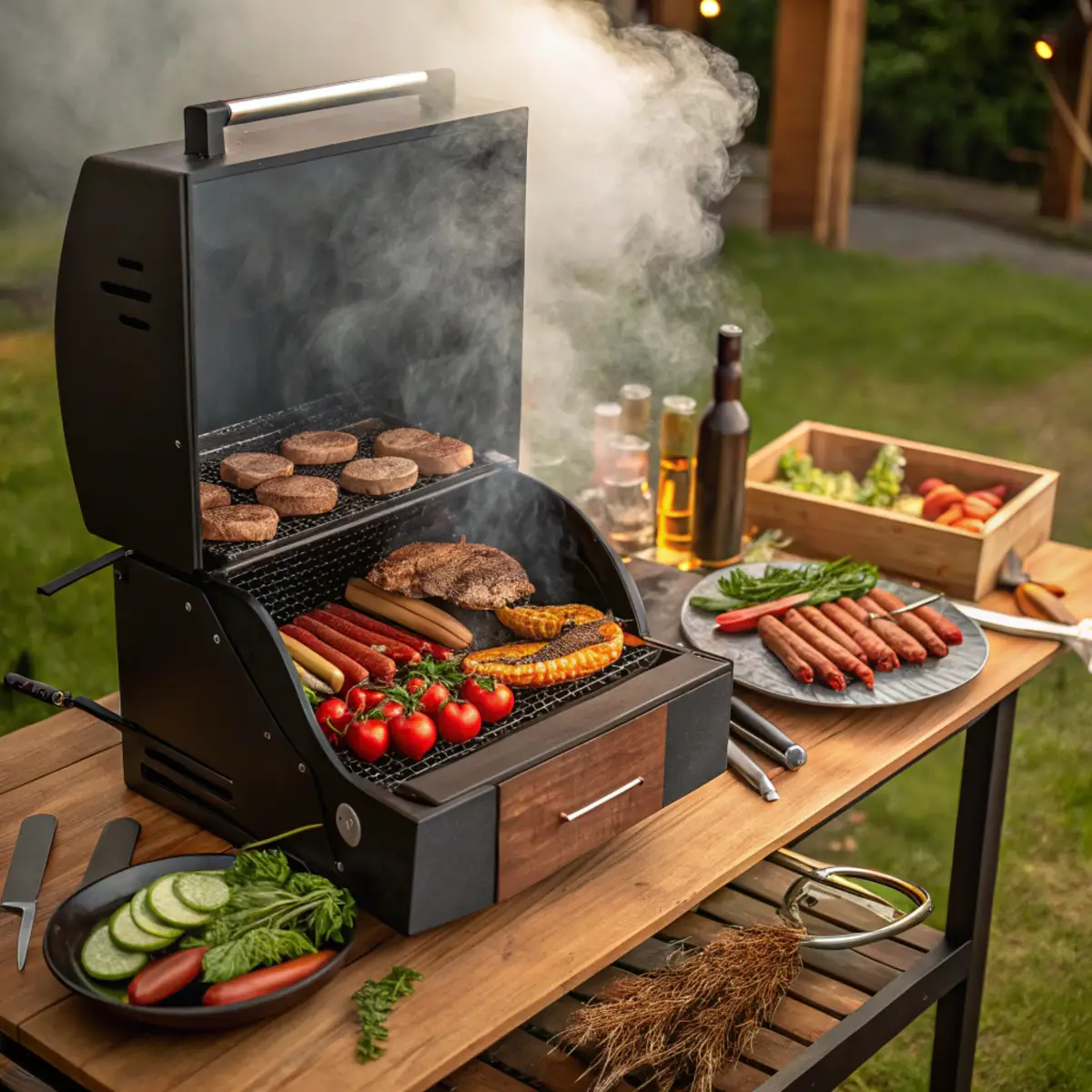 Pellet smoker in use with meats and vegetables on the grill, surrounded by BBQ tools and a picnic table.