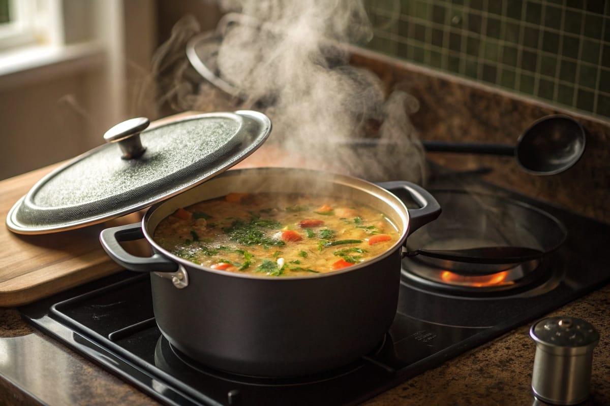 Close-up of a soup pot filled with vibrant vegetables and broth, with a lid half-covering the pot to showcase the evaporation process.