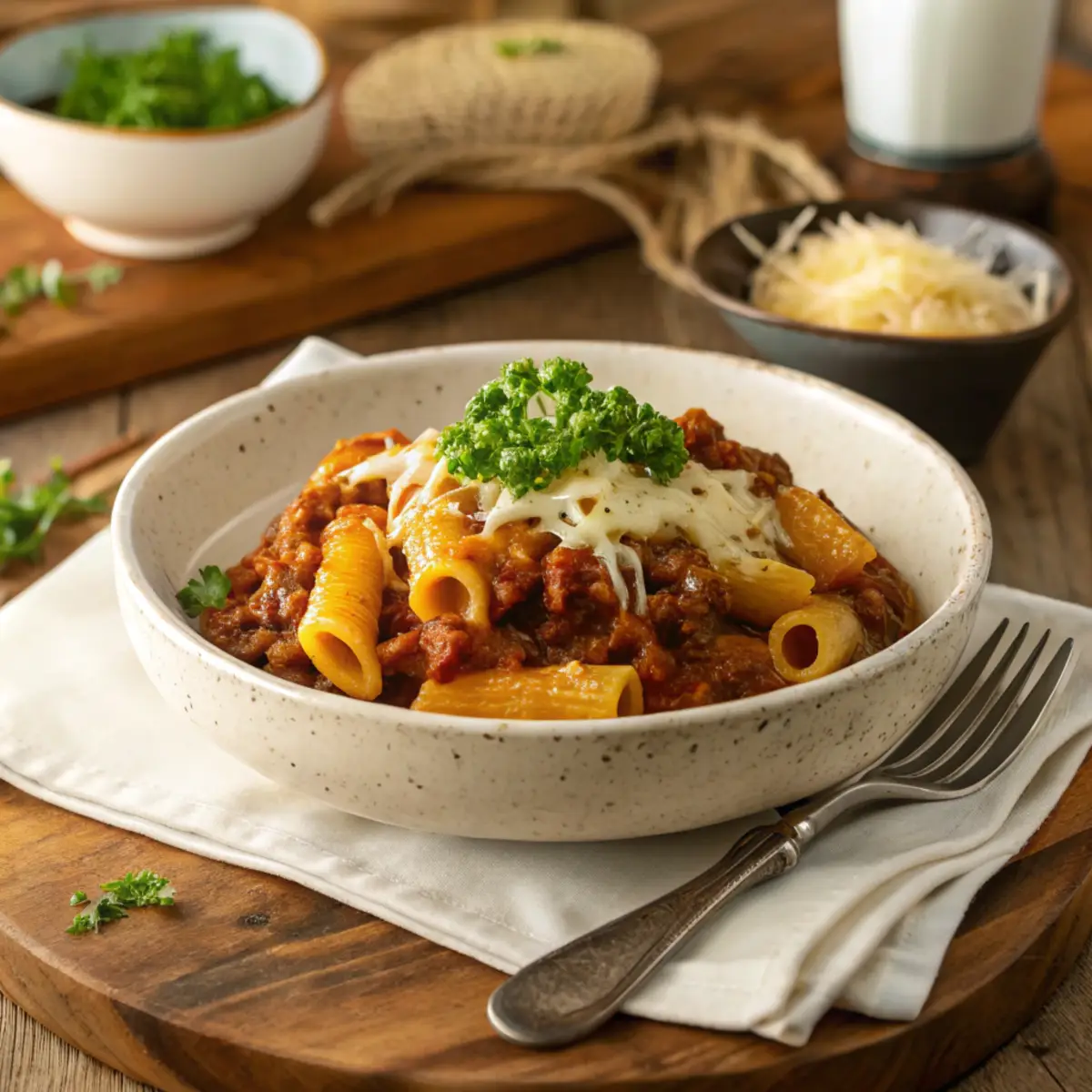 Step-by-step collage showing the preparation of beefaroni, including ingredients, cooking ground beef, mixing with tomato sauce, boiling pasta, and assembling in a skillet with cheese.