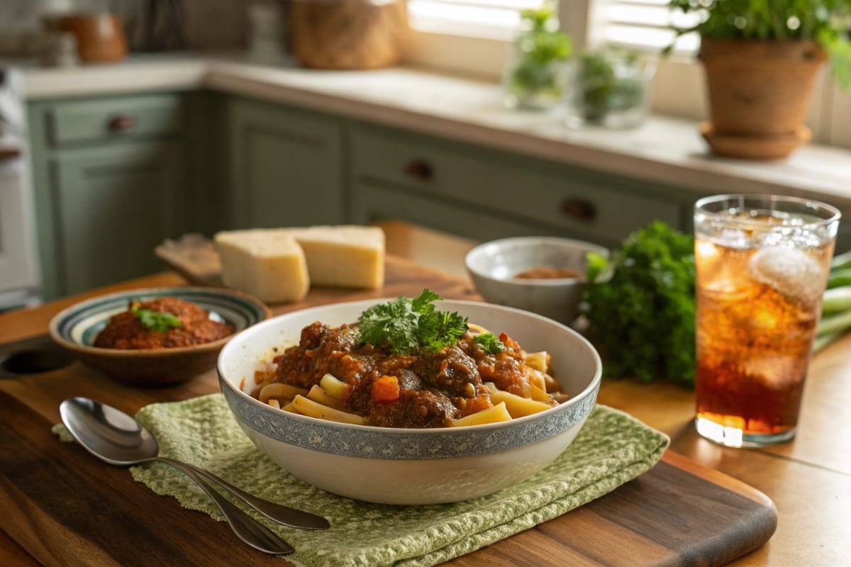 Ground beef sizzling in a skillet and pasta being mixed with a creamy, cheese-based sauce.