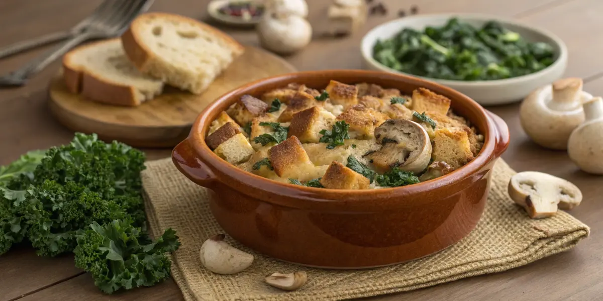 A beautifully plated vegetarian savory bread pudding in a rustic ceramic dish, garnished with fresh parsley and surrounded by bread cubes, mushrooms, and kale.