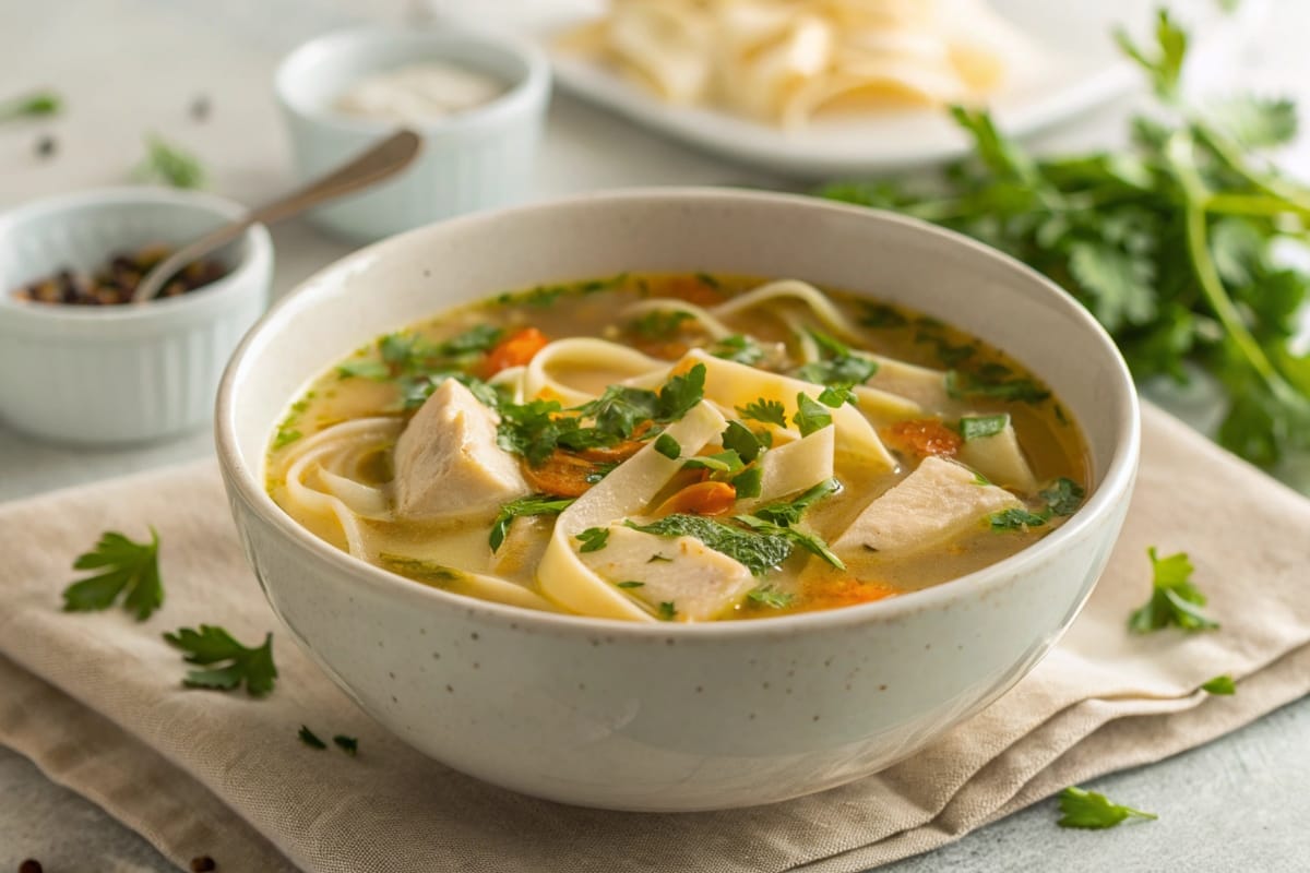 A cozy bowl of chicken noodle soup garnished with fresh parsley, steaming and inviting, emphasizing warmth and comfort.