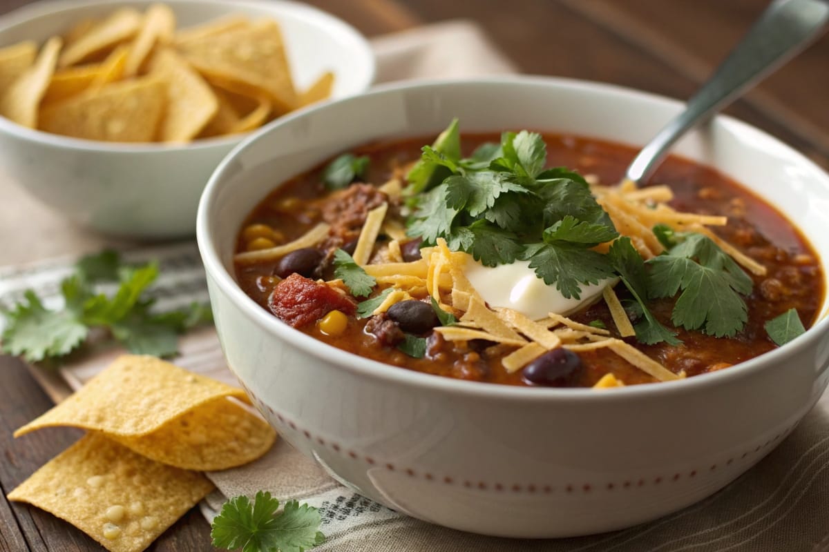 Steaming bowl of taco soup garnished with fresh cilantro, shredded cheese, and crushed tortilla chips.