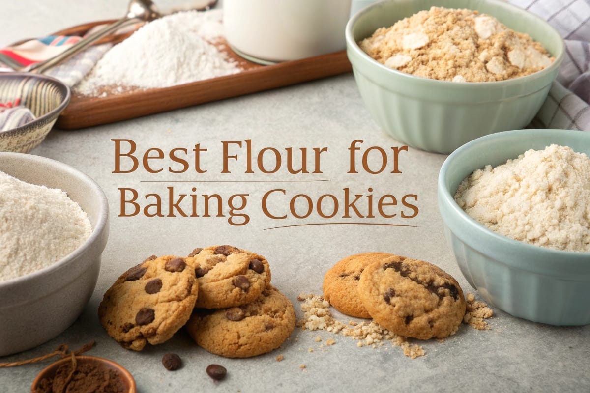 Various flour types in bowls classified "Best Flour for Baking Cookies" surrounded via cookies of different textures.