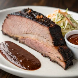 A close-up of a smoked brisket slice with a tender texture and smoky bark crust, served with BBQ sauce and coleslaw.