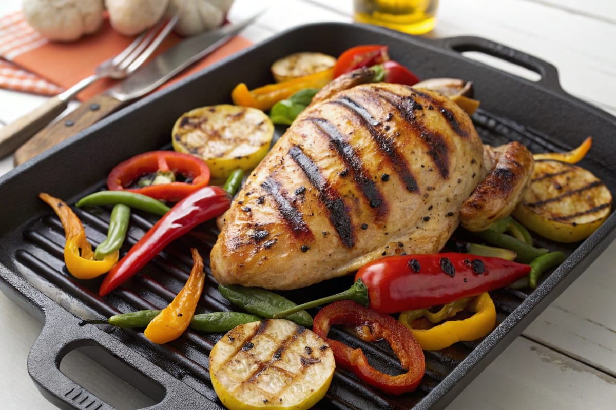 Grilling time for chicken breast shown on a hot grill with perfect sear marks, surrounded by colorful vegetables.