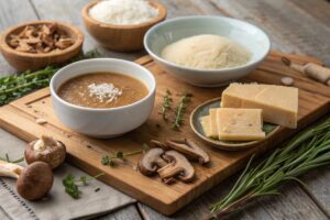 An assortment of secret soup ingredients including miso paste, dried mushrooms, a Parmesan rind, and fresh herbs displayed on a rustic wooden surface.