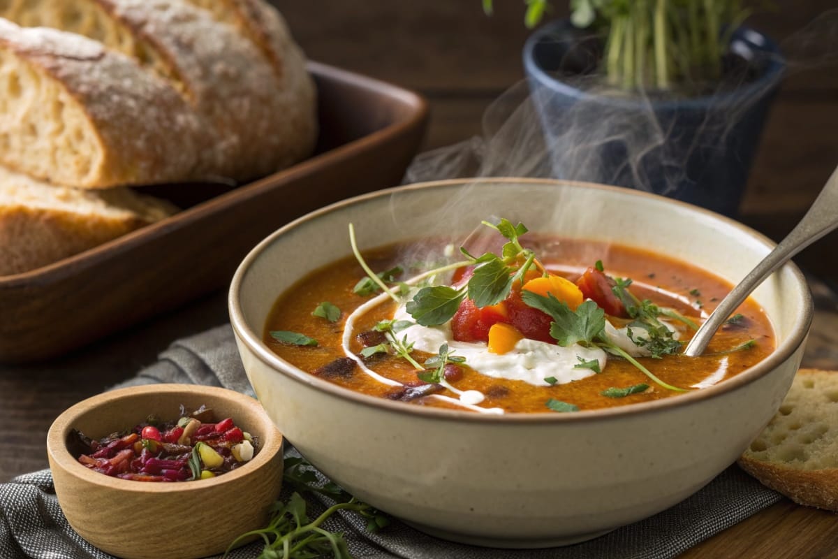 A steaming bowl of soup garnished with fresh herbs, a swirl of cream, and served with crusty bread on a wooden table.