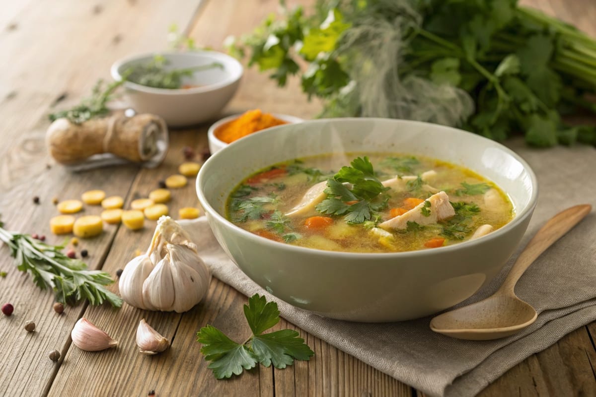 A warm bowl of chicken soup with steam rising, perfect for soothing swollen tonsils, surrounded by fresh parsley, garlic, and turmeric.