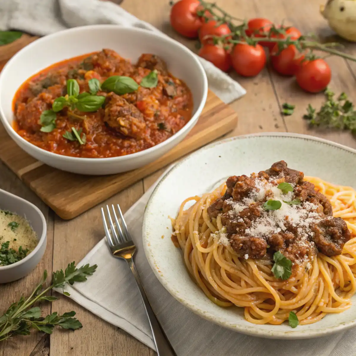 Side-by-side serving of Beefaroni and Spaghetti with garnish on a rustic wooden table, highlighting their distinct appearance.