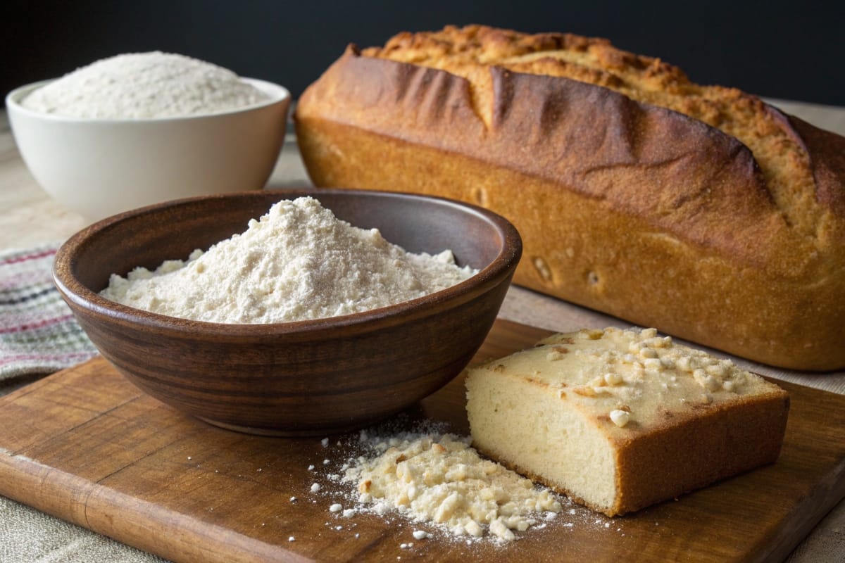 A loaf of bread and a easy sponge cake displayed facet through side, showcasing the contrasting textures finished the use of bread flour rather than all-reason flour.