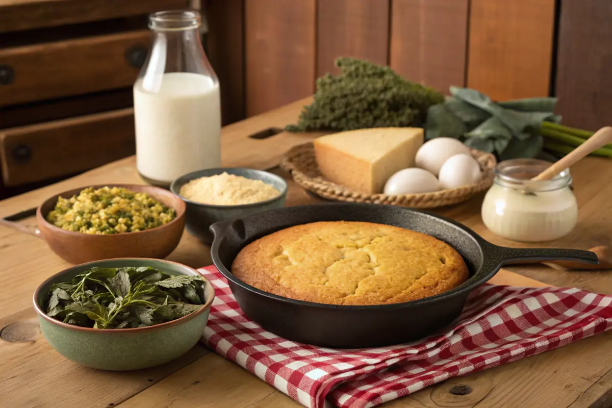 A rustic kitchen setup featuring a cast iron skillet with golden-brown cornbread, surrounded by traditional Southern ingredients like buttermilk, cornmeal, and greens, placed on a wooden table with a vintage-style linen cloth.