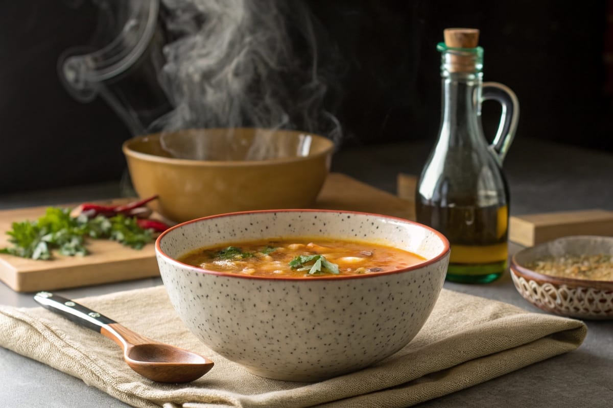 A steaming bowl of soup with a vinegar bottle in the background.