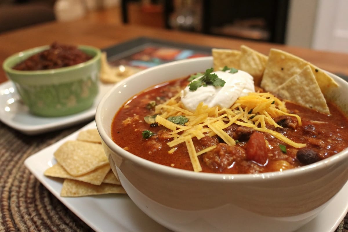 Bowl of thick taco soup with bitter cream, cheese, and tortilla chips.