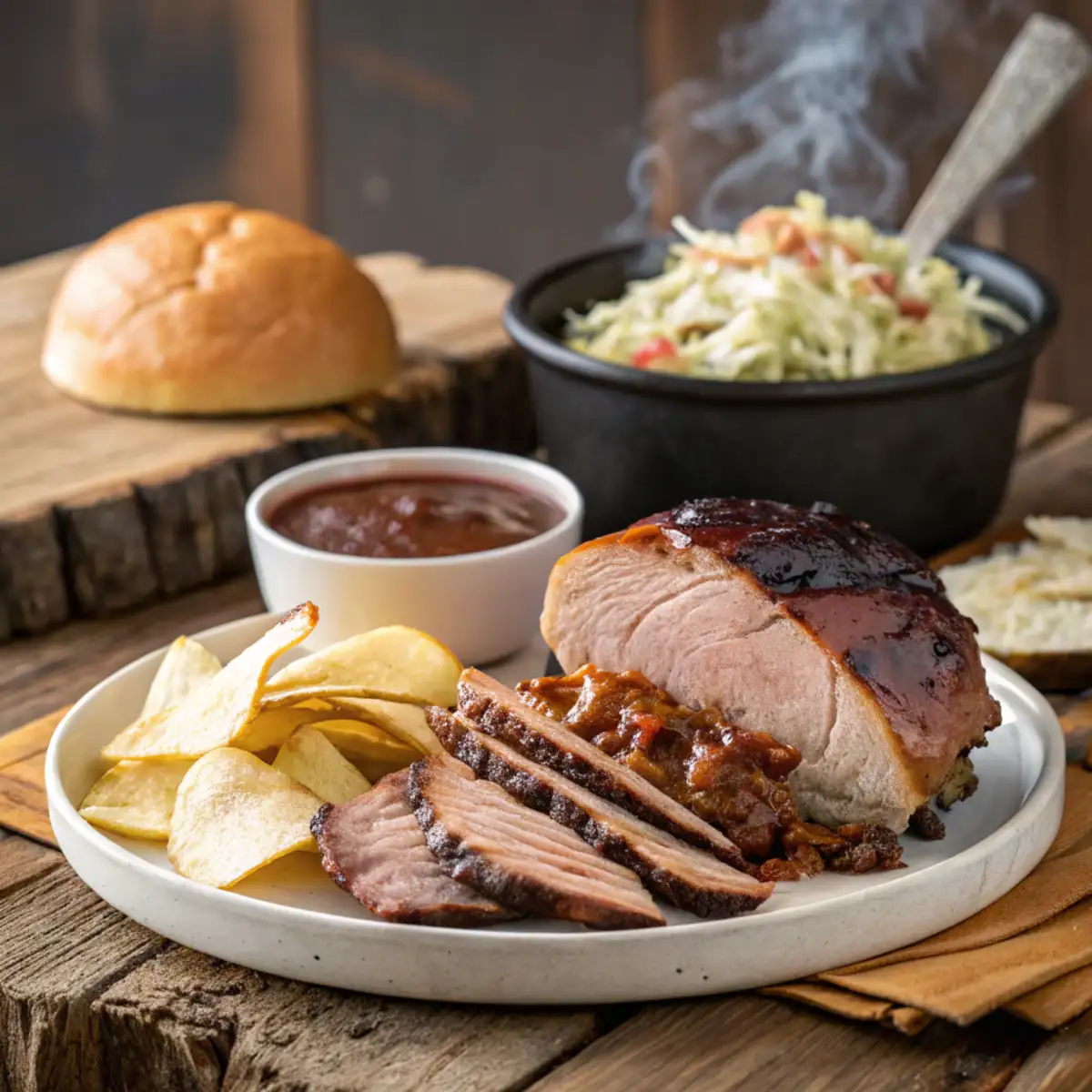 Plated smoked pork shoulder with coleslaw, barbecue sauce, and wood chips on a rustic wooden table.