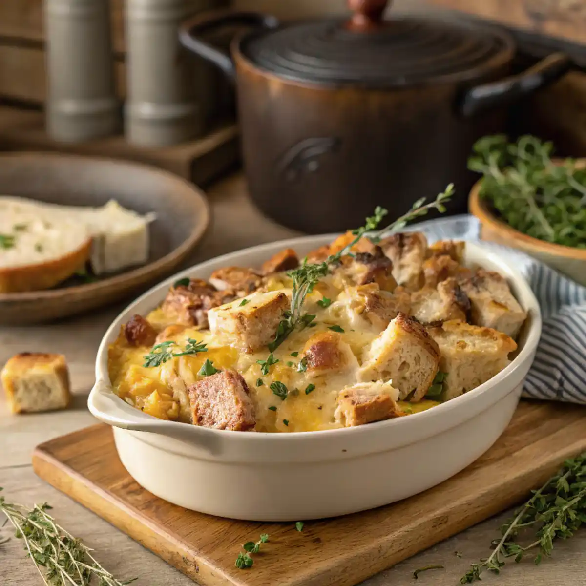 A plated savory bread pudding with chicken, featuring golden crust, melted cheese, and fresh thyme garnish, set on a rustic kitchen table.