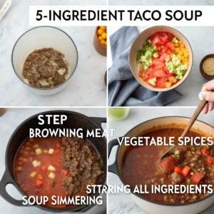 Step-by-step collage of making 5 ingredient taco soup, including browning meat, adding ingredients, and simmering in a pot.