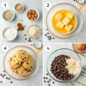 Step-by-step preparation of cookie dough using pancake mix, showing pancake mix, butter, and chocolate chips arranged on a kitchen countertop.