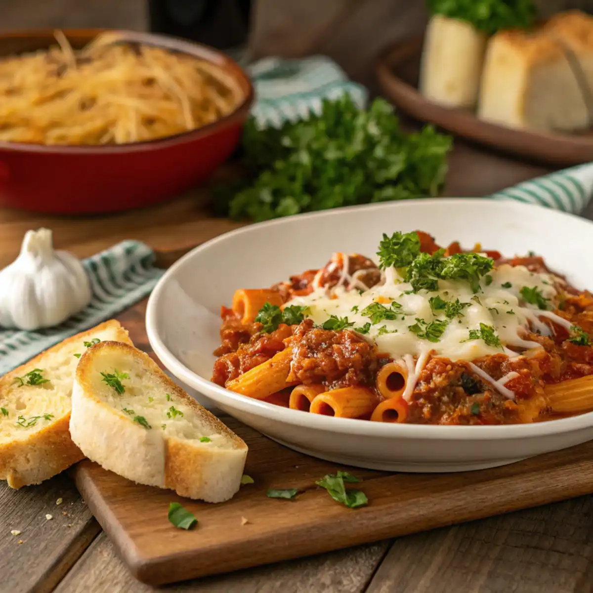 A vibrant plate of beefaroni garnished with fresh parsley and melted cheese, served with garlic bread on a rustic wooden table.