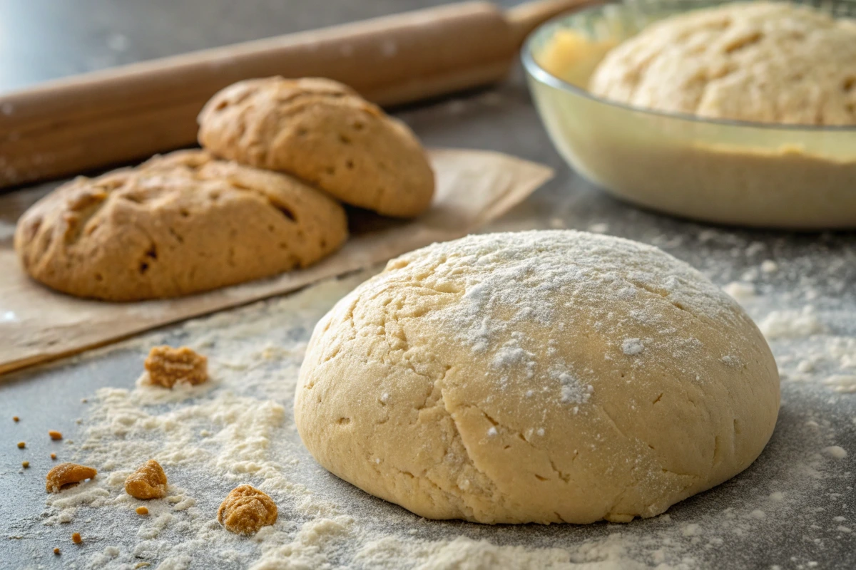 Comparison of bread flour and all-purpose flour with labeled bags, a rustic loaf of bread, and cookies on a wooden table.