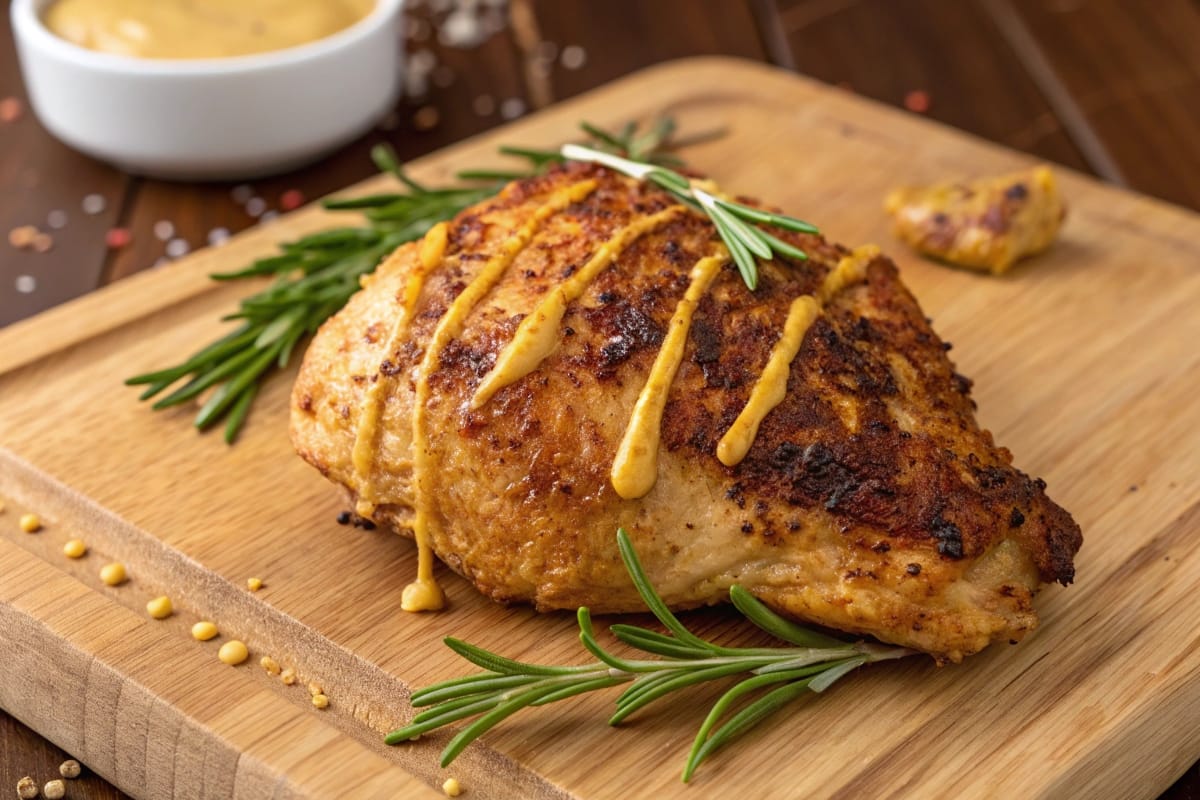 Golden-brown air fryer chicken breasts with whole grain mustard and rosemary.