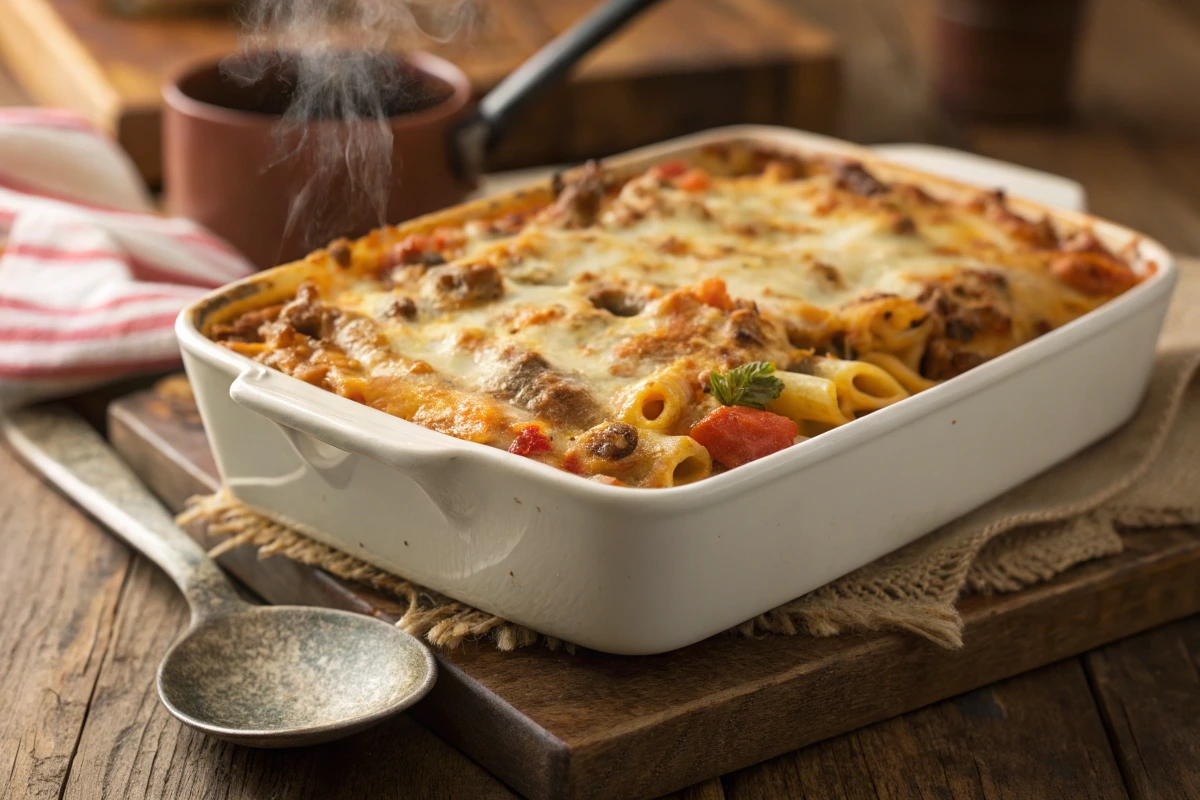 Freshly baked Beefaroni casserole with bubbling cheese and golden crust on a rustic table.