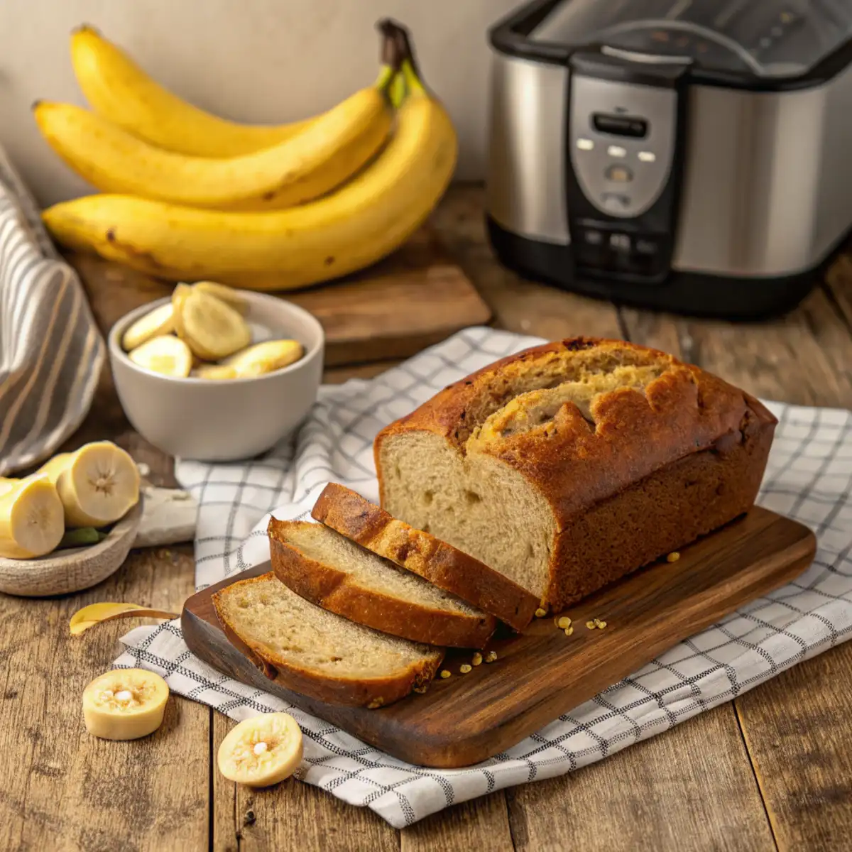 Freshly baked banana bread sliced on a wooden table with ripe bananas and a bread machine in the background.