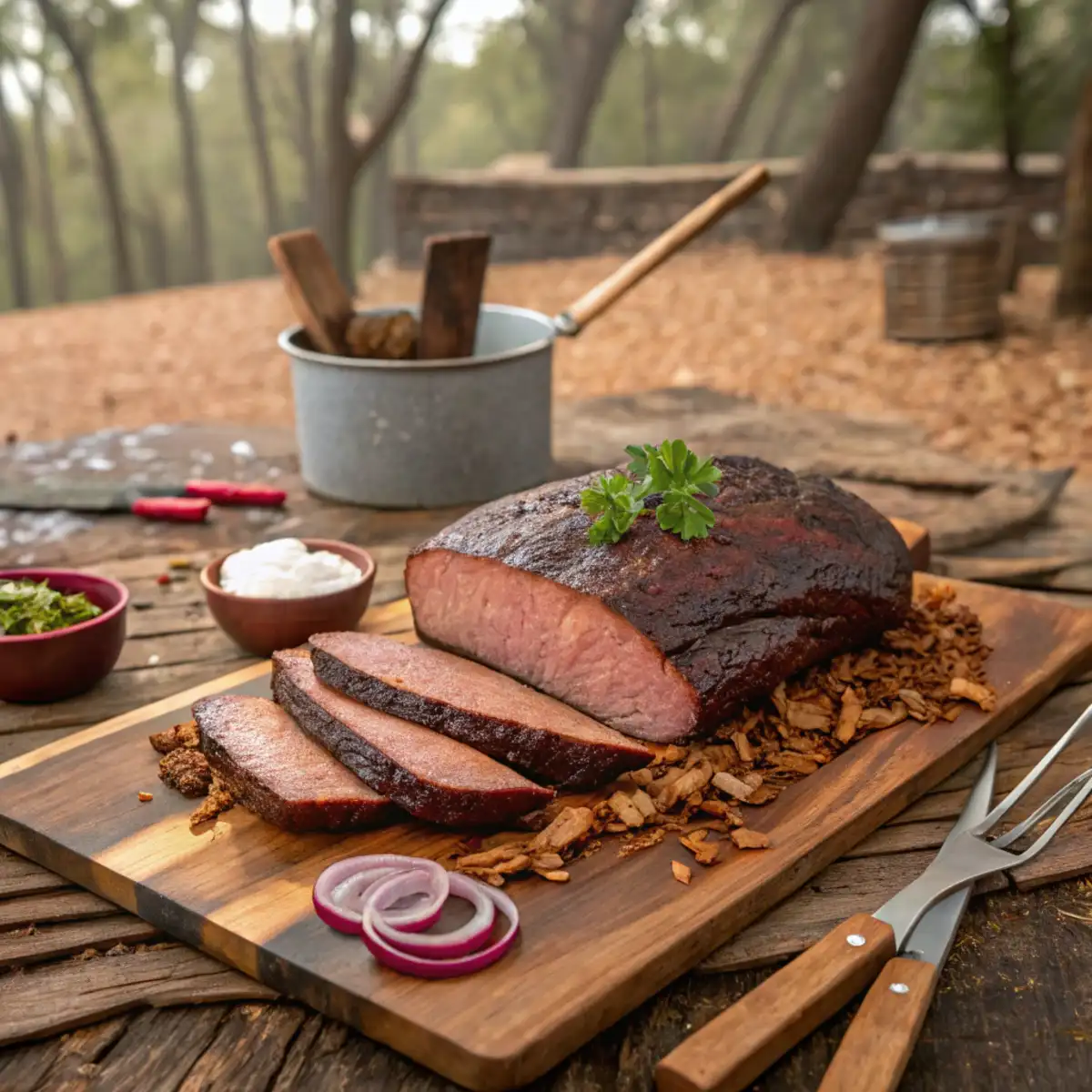 Perfectly smoked brisket resting on a cutting board surrounded by wood chips, BBQ tools, parsley, and onion slices in a rustic outdoor setting.