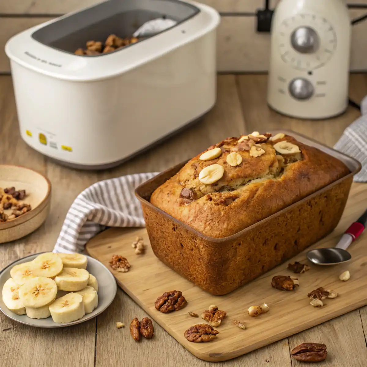 Golden-brown banana loaf baked in a bread maker, garnished with walnuts and sliced bananas, placed on a wooden kitchen countertop.