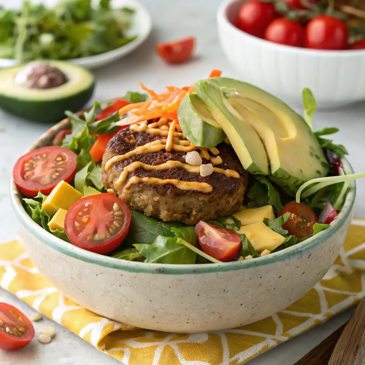 A colorful burger salad with fresh greens, tomatoes, sliced avocado, a grilled beef patty, shredded cheese, and a drizzle of dressing in a bowl.