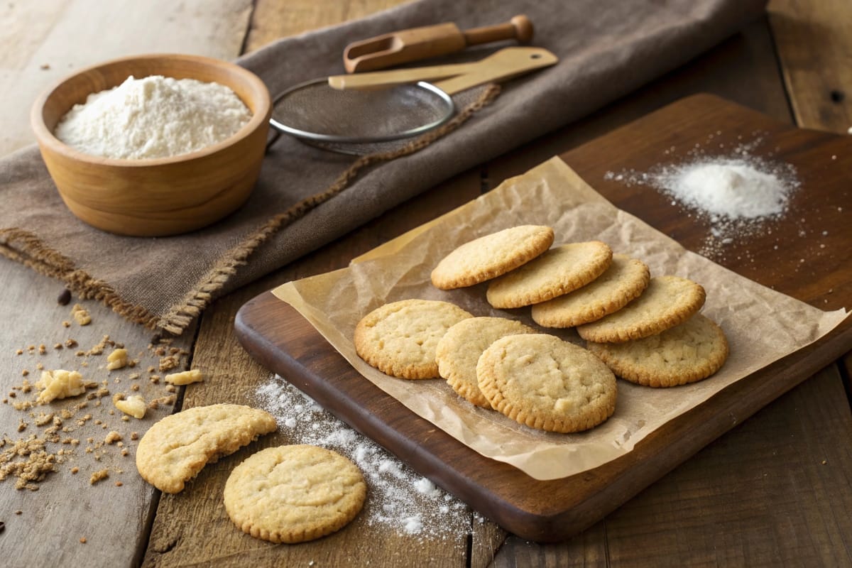 Delicious cookies with a golden crust set on a rustic wooden table, with bread flour and all-purpose flour nearby.