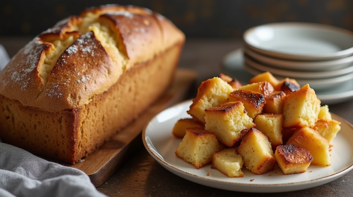 Rustic loaf of dense bread with a serving of bread pudding.