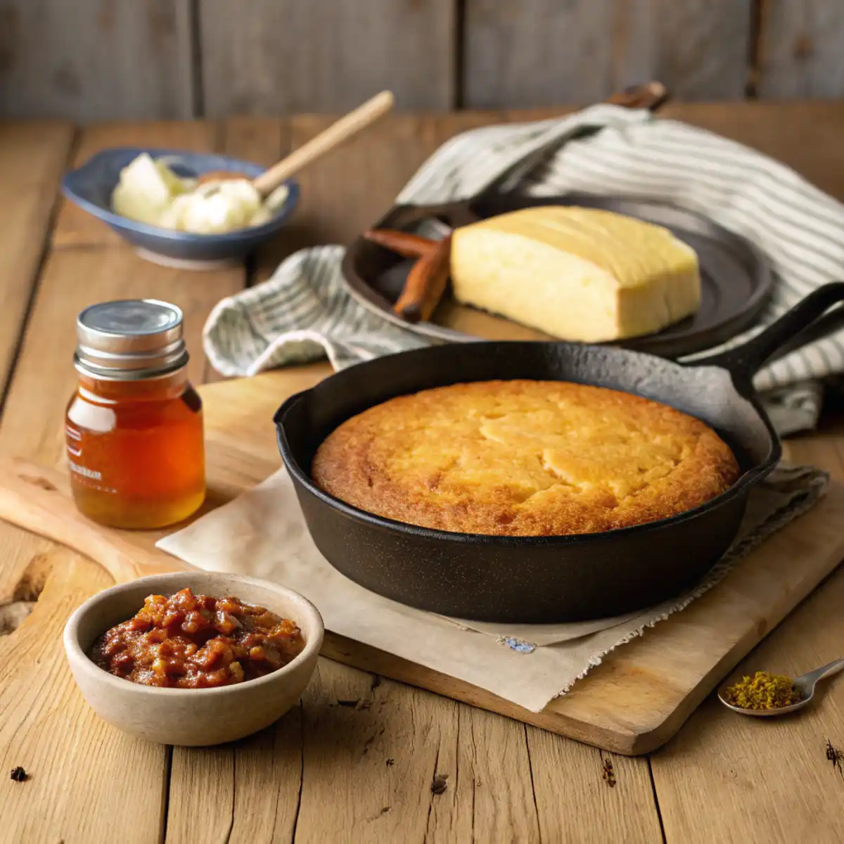 Rustic kitchen scene with a golden-brown cast iron skillet cornbread on a wooden table, surrounded by butter, honey, and chili.