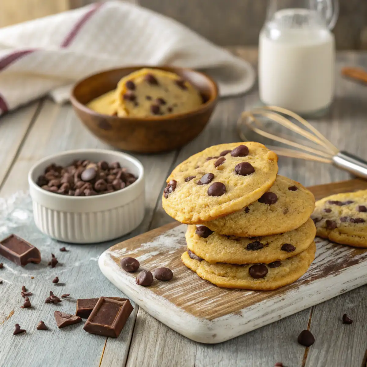 Freshly baked cookies using pancake mix with chocolate chips, golden edges, and a rustic table setup featuring pancake mix and baking tools.