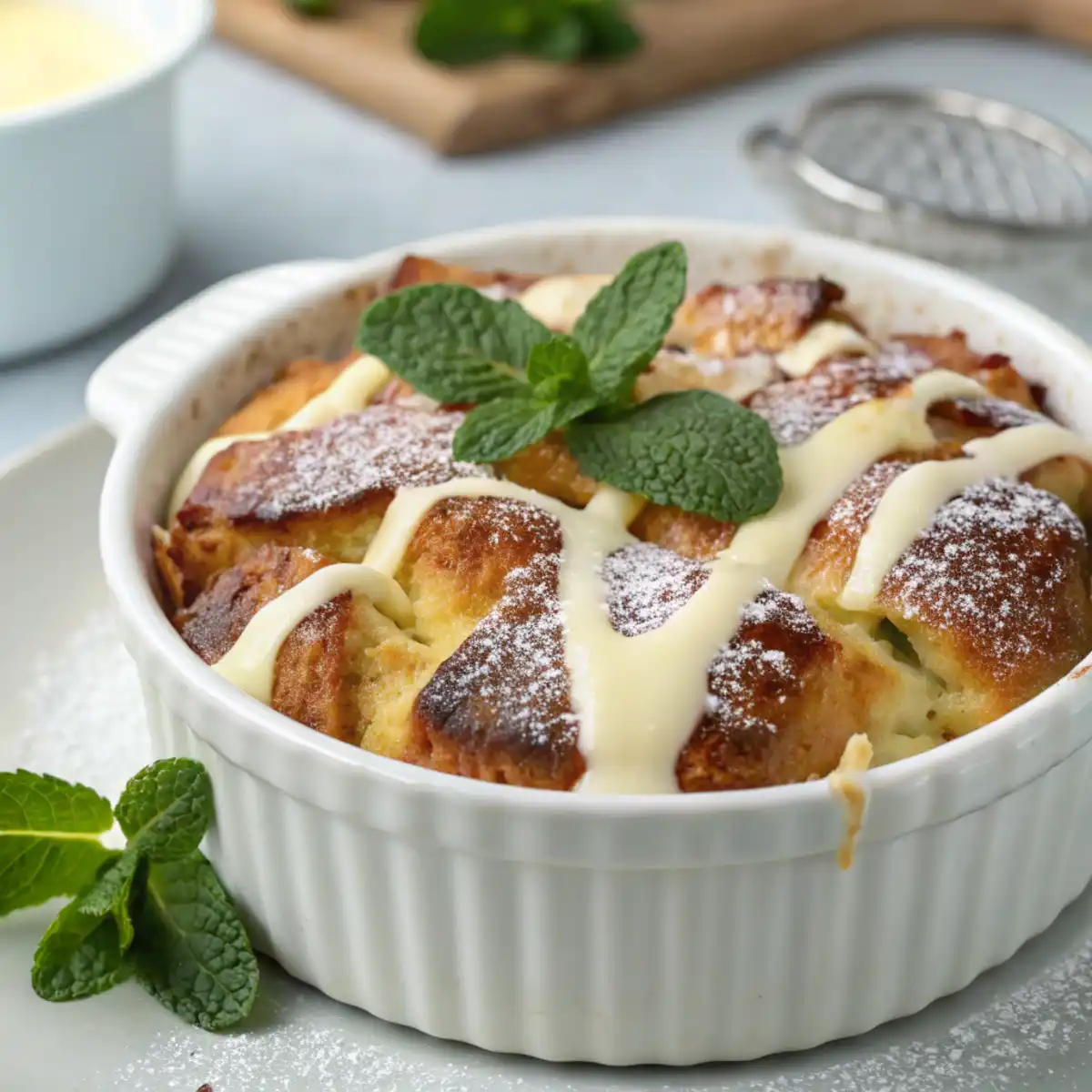 Step-by-step process of making croissant bread pudding with croissants, milk, eggs, and a baked dessert in a tray.