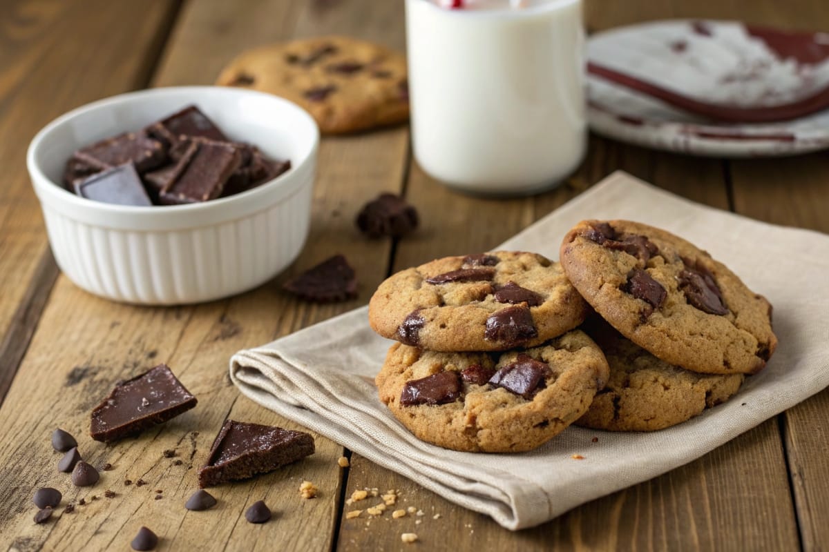 Freshly baked double chunk chocolate cookies on a rustic wooden table with melted chocolate chunks.