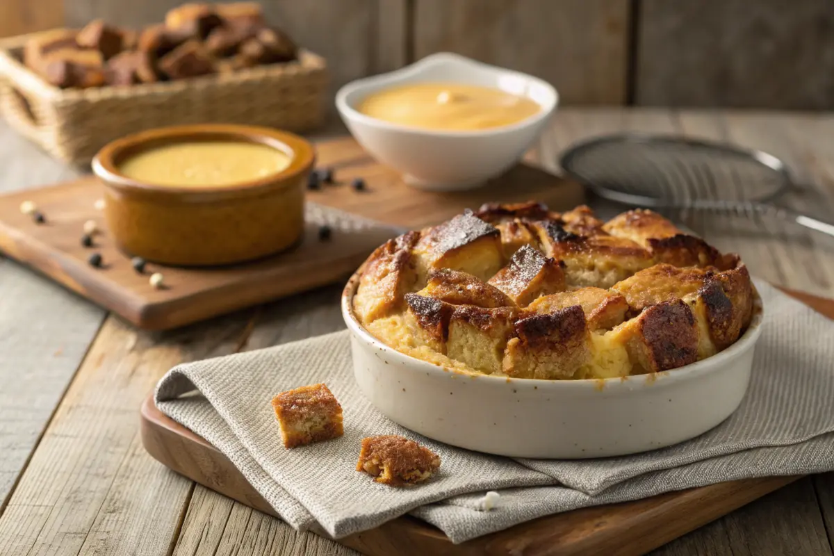 Golden-brown bread pudding with caramelized edges on a rustic wooden table, served alongside a bowl of creamy custard.