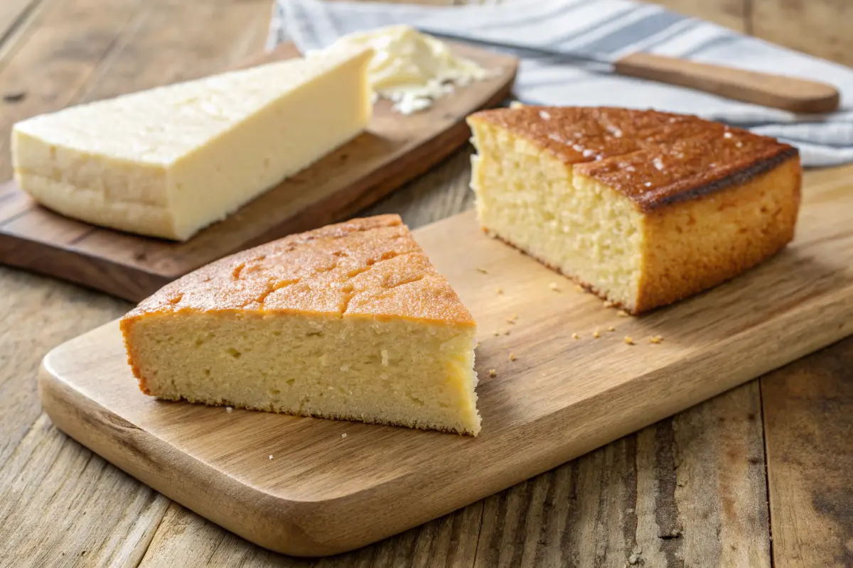 Side-by-side comparison of cornbread slices made with milk and buttermilk on a rustic wooden board.