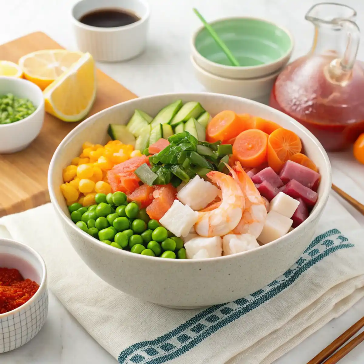 Homemade fish food ingredients including shrimp, vegetables, and gelatin cubes in a vibrant bowl with a modern kitchen background.