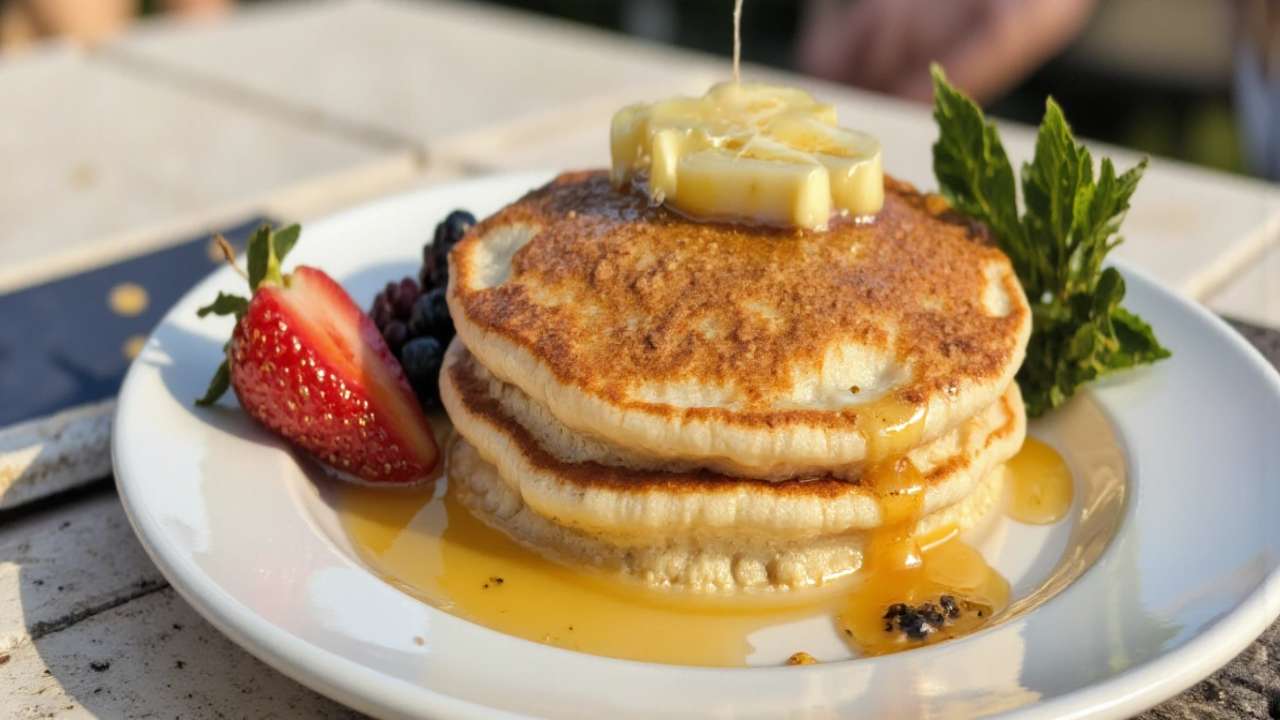 Fluffy pancake recipe without eggs with maple syrup