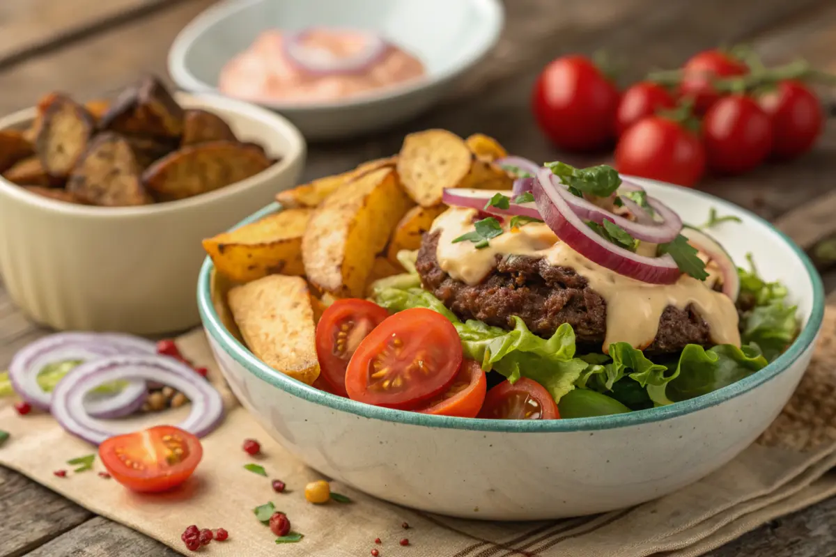 A vibrant burger bowl featuring crispy golden potatoes, fresh lettuce, juicy ground beef, creamy sauce, cherry tomatoes, and red onion slices on a rustic wooden table.